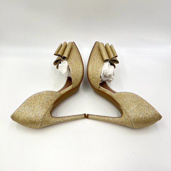 Betsey Johnson Womens Size 6.5 Gold Bow Pointed Stiletto Dress Heels Pumps Shoes - Picture 8 of 12